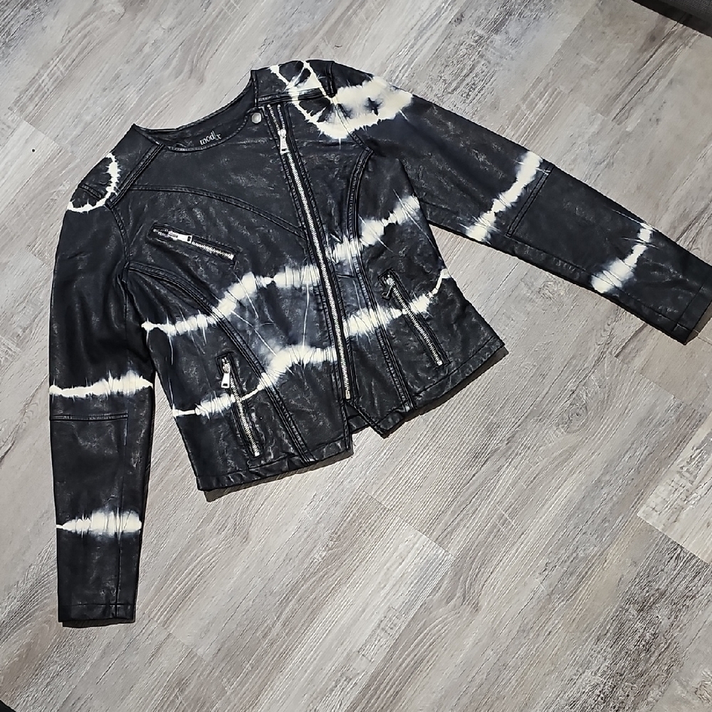 NWOT ModX Black Tie-Dye Faux Leather Moto Jacket Size Small